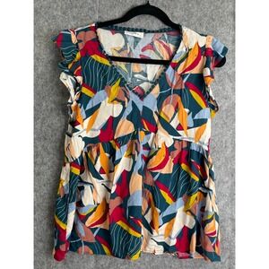 Emily Wonder Abstract Ruffle Sleeve Boho Peplum Top S Colorful Floral Print